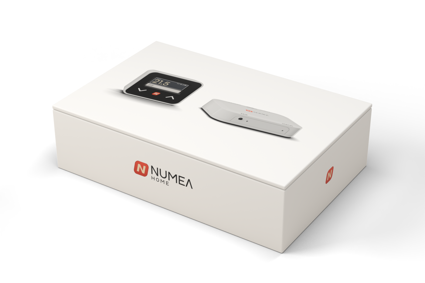 Numea Home-lådan: en vit kartong med termostaten och styrdosan avbildade på locket.